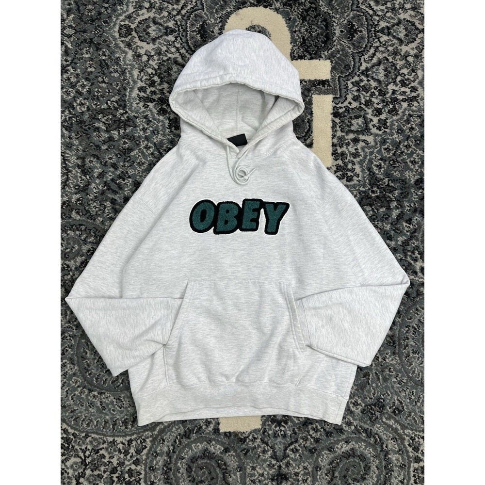 OBEY HOODIE SKATER SWEATSHIRT RAISED EMBROIDERED LOGO HEATHER GRAY MENS M